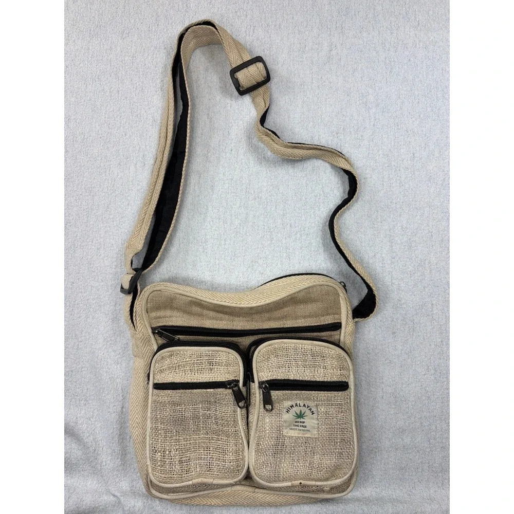 Himalayan Hemp Crossbody Messenger Bag Tan Cream Woven Boho Nepal Travel Pouch